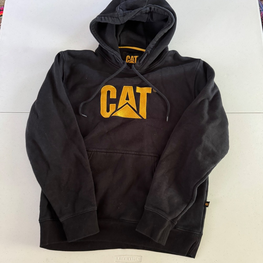 Workwear Streetwear Gorpcore Mens Large CAT Caterpillar Logo Hoodie Black Yellow
